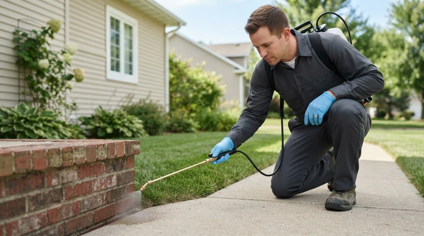 Pest control technician treating a home near Sheldon, IA