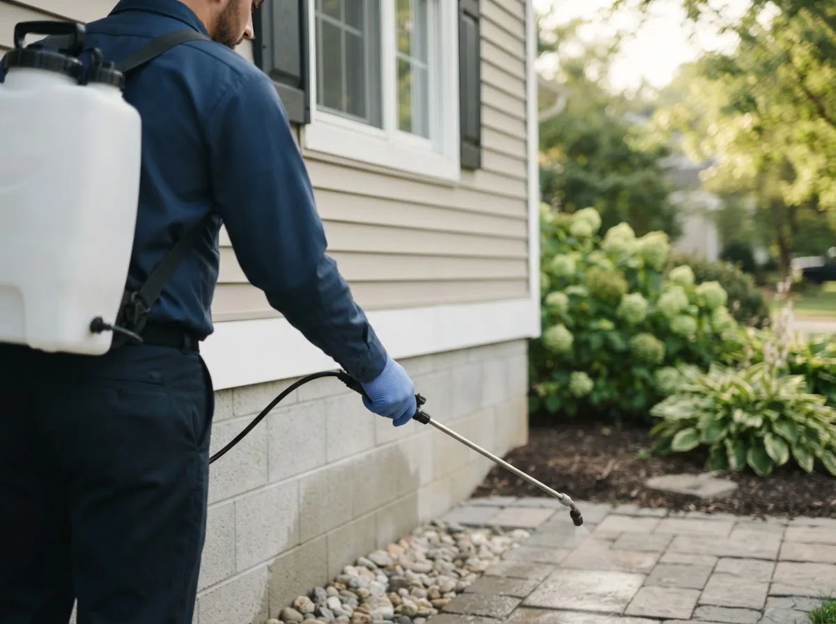 Pest control technician inspecting a home in Sheldon, IA